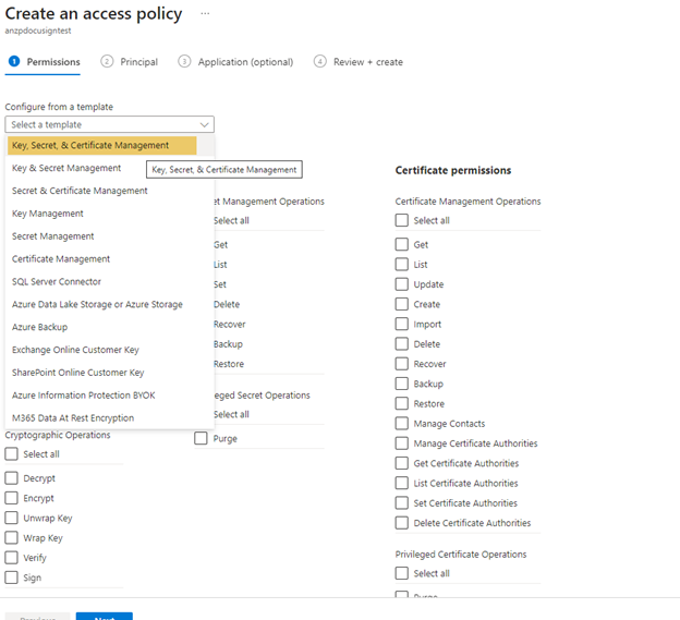 Create an access policy - Permissions